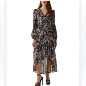 ASTR The Label Floral Sheer High- Low Pleated Floral Black Maxi Dress- Size S
